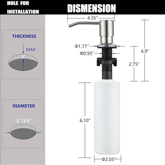 Sink Soap Dispenser Brushed Nickel, Soap Dispenser for Kitchen Sink Stainless Steel Refill from The Top Built in Sink Soap Dispensers with 13 OZ Soap Bottle