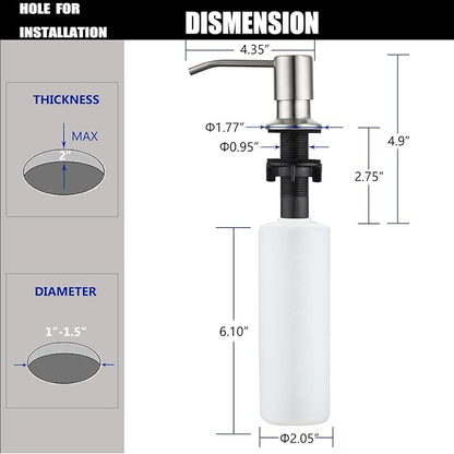 Sink Soap Dispenser Brushed Nickel, Soap Dispenser for Kitchen Sink Stainless Steel Refill from The Top Built in Sink Soap Dispensers with 13 OZ Soap Bottle
