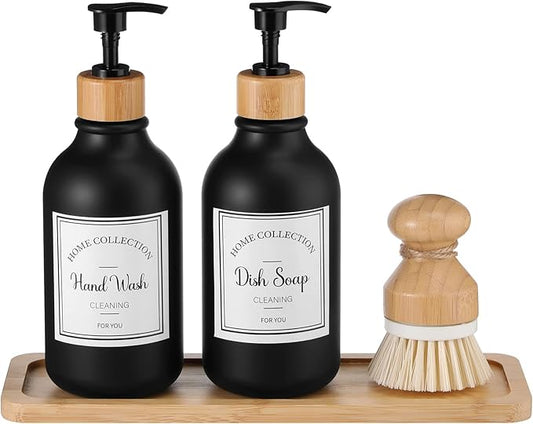 Zopeal 4 Pcs 16 oz Kitchen Soap Dispenser Set with Bamboo Tray and Dish Brush Plastic Soap Dispenser Set with Waterproof Labels for Hand Dish Lotion(Frosted Black)