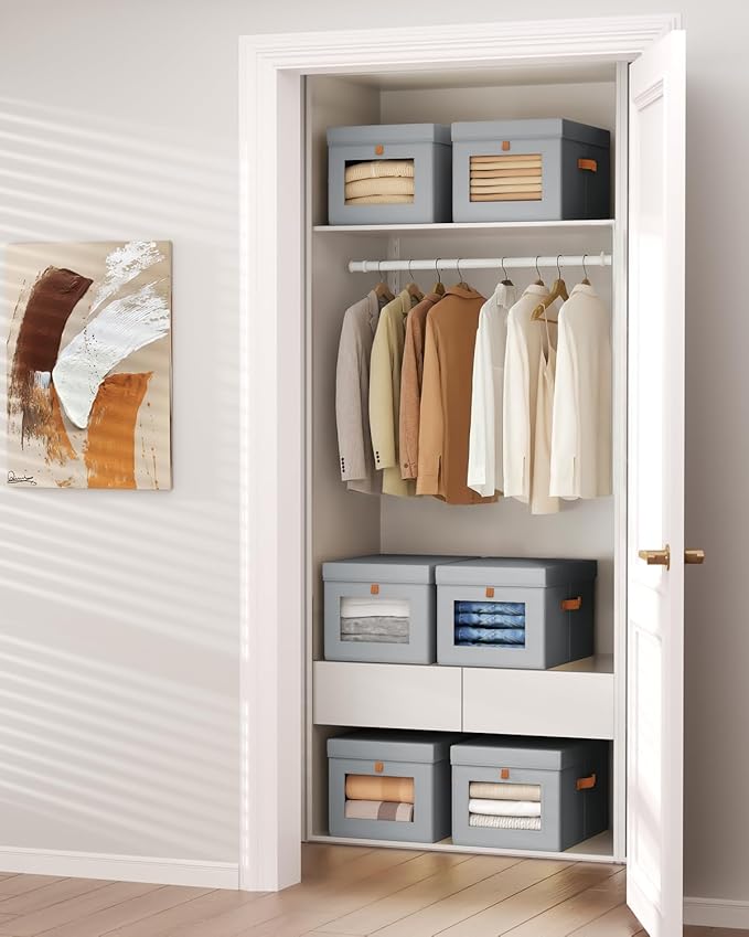 Storage Bins with Lid – Closet Organizer with Side Opening and Clear Window, Foldable Stackable Fabric Basket for Clothes, Home, Office - 13.77" x 11.8" x 9.8", 4 Pack, Grey