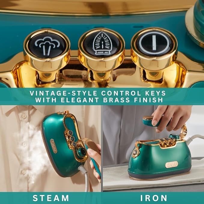 SALAV® Retro Edition Duopress Handheld Garment Steamer & Iron, Ceramic Plate, 1000W, No Drip Steam, Vertical & Horizontal Steam, Emerald - Removes Wrinkles & Refreshes Clothes, Vintage Style