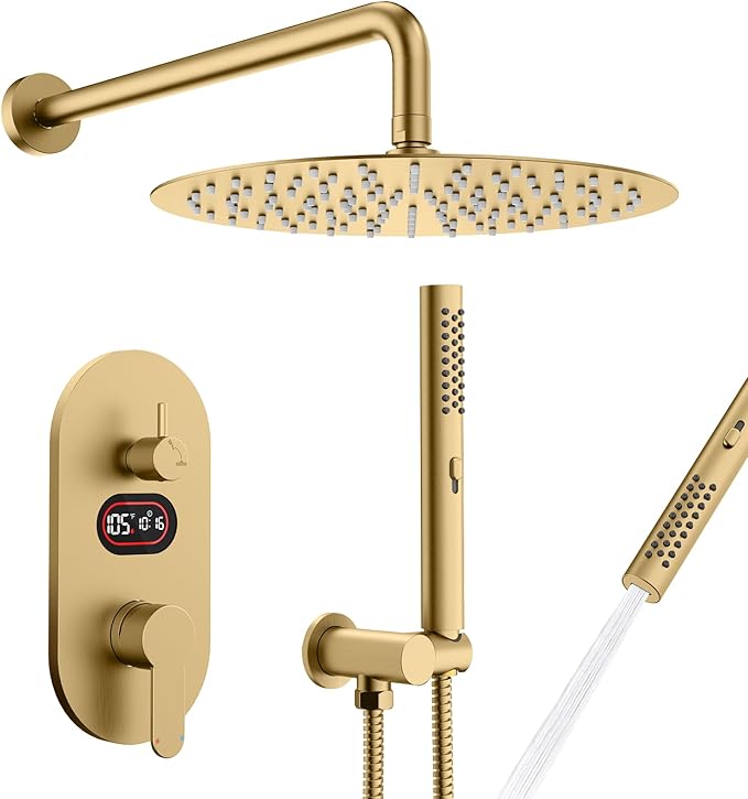Round Shower Faucet Set with Hydro Power Temperature Display, Shower System Bathroom 10 Inch Shower Head with Handheld Spray, Wall Mounted Shower Fixtures with Shower Valve and Trim Kit, Brushed Gold