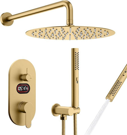 Round Shower Faucet Set with Hydro Power Temperature Display, Shower System Bathroom 10 Inch Shower Head with Handheld Spray, Wall Mounted Shower Fixtures with Shower Valve and Trim Kit, Brushed Gold