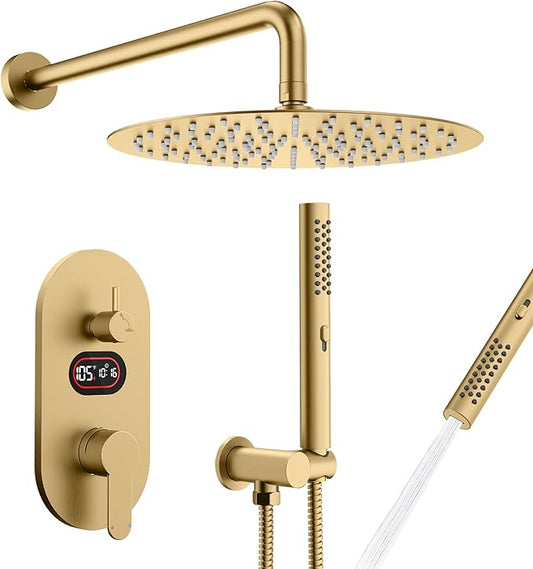 Round Shower Faucet Set with Hydro Power Temperature Display, Shower System Bathroom 10 Inch Shower Head with Handheld Spray, Wall Mounted Shower Fixtures with Shower Valve and Trim Kit, Brushed Gold