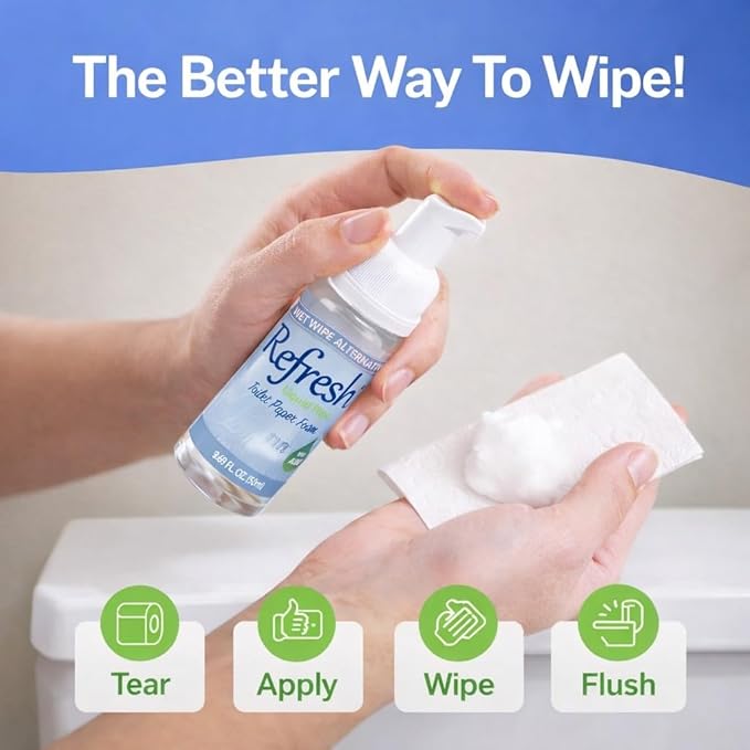 Refresh Liquid Wipe Free: Toilet Paper Foam (Sensitive Skin Foam, 50ml (1.69 Fl Oz) 2 Pack)
