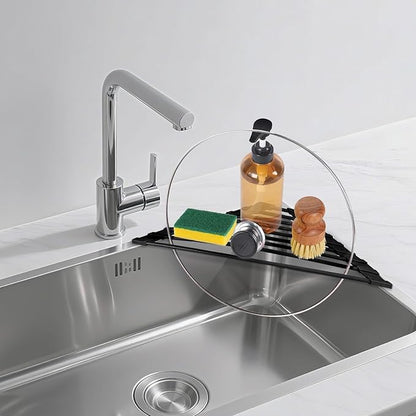 HANZENMA Triangular Sink Rack, Multi-Functional Rack Above the countertop, Foldable Sink Drying mat, Heat-Resistant, Non-Slip, and Rust-Proof Dish Rack (Black)