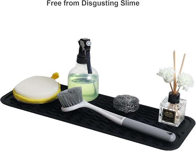 ZLR 2 Pcs Silicone Sponge Holder & Sink Caddy Tray (6" x 17") - Narrow Dish Drying Mat for Kitchen Counter - Waterproof Soap Dispenser Organizer, Non-Slip Bathroom Vanity Tray (Black)