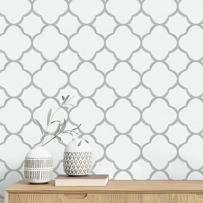 GloryTik Grey and White Peel and Stick Wallpaper Modern Trellis Contact Paper Removable Self Adhesive Geometric Waterproof Wall Paper for Bathroom Cabinets Living Room Wall Decor Vinyl Roll 17.7"ｘ394"