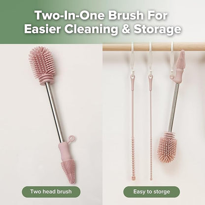 Haakaa Silicone Cleaning Brush Kit - Baby Bottle Brush Cleaner for Breast Pump,Nipple,Breast Milk Storage Bag,Reusable Straw,Sippy Cup - Food Grade Silicone Bristles, Portable - 3 Pcs - Pink