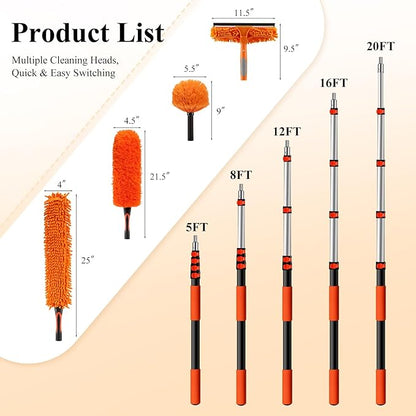 26ft High Reach Duster Kit with 5-20ft Heavy-Duty Extra Long Extension Pole, Vaulted Ceiling Cobweb Brush, Washable Ceiling Fan Duster, Microfiber Duster & Window Squeegee for Tall Ceiling