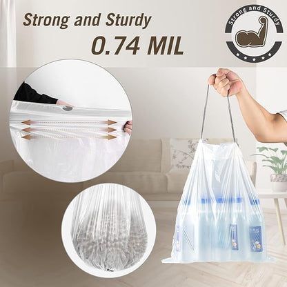 8 Gallon Trash Bags Drawstring, Strong Medium Kitchen Garbage Bag White Trash Can Liners, 22" x 23", (34 Count)