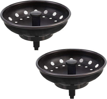 KONE Kitchen Sink Stopper and Strainer 2 Pack Oil Rubbed Bronze Sink Basket Strainer Replacement for Standard 3-1/2 inch Drain, Stainless Steel ORB Body Metal Center Knob with Rubber Drain Stopper