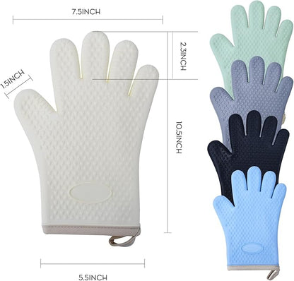 Silicone Oven Mitts Heat,1 Pair Non-Slip Five-Finger Oven Gloves, Waterproof Flexible BBQ Grilling Gloves with Hanging Loops, Kitchen Mitts for Baking Cooking Frying (White)