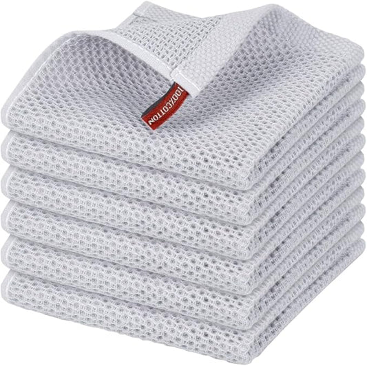 Nialnant 100% Cotton Cleaning Rags,6 Pack Waffle Weave Dish Cloths,Super Absorbent Dish Rags for Washing Dishes-Light Grey,12x12 Inch