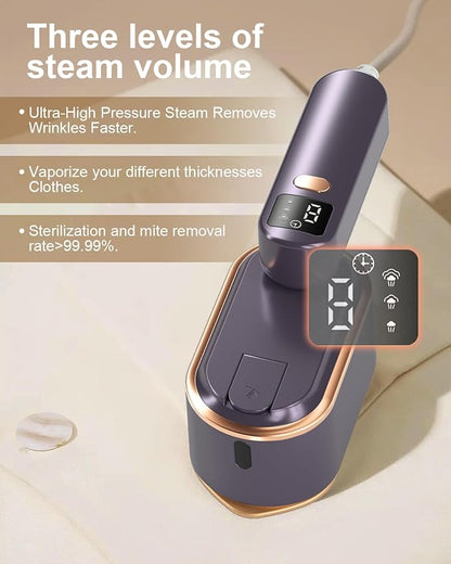 Travel Steamer Iron for Clothes - 1200W Handheld Size Portable Travel Steamer, 3 Steam Levels Clothes Steamer with LCD Screen, 10S Fast Heat-up Steamer for Dress Shirt Home Travel (Gray Purple)