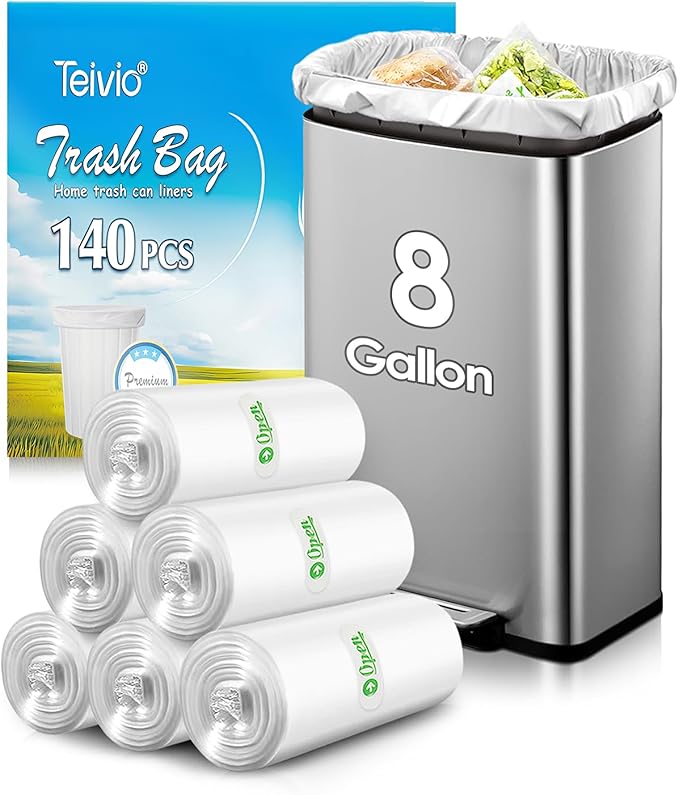 8 Gallon 140 Counts Strong Unscented Medium Trash Bags,Fit 7,8,9,10 Gal Garbage Bags by Teivio, 30 Liter Thick Bathroom Can Bin Liners,Plastic Bags for Home Office Kitchen, Clear