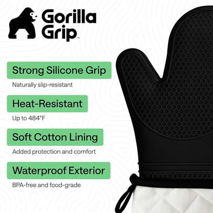 GORILLA GRIP BPA-Free Soft Silicone Oven Mitts, 14.5x8.3, Heat Resistant and Waterproof Cooking Gloves, Thick Cotton Lining, Flexible Gripping for Baking Grilling, Kitchen Potholders Set of 2, Black