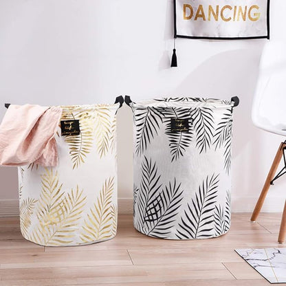 UUJOLY Collapsible Laundry Basket, Laundry Hamper with Handles Waterproof Round Cotton Linen Laundry Hamper Printing Household Organizer Basket, 19.7x15.7 inches (Gold leaf)