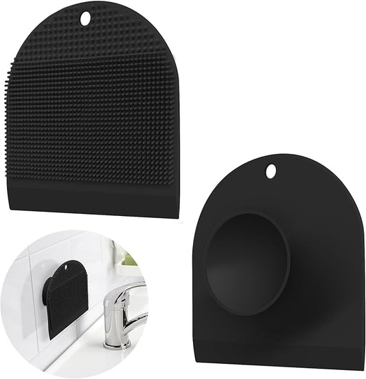2 Pack Silicone Sink Cleaning Brush with Squeegee, Flexible Non-Scratch Dish Scrubber for Kitchen and Bathroom Sink, Countertop & Dishwashing, Suction Cup Hanging Design (Black)