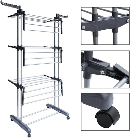 Foldable, Rolling, Stainless Steel Rods & Compact Storage Laundry Clothes Drying Rack System, Made-in-Korea, Premium Size