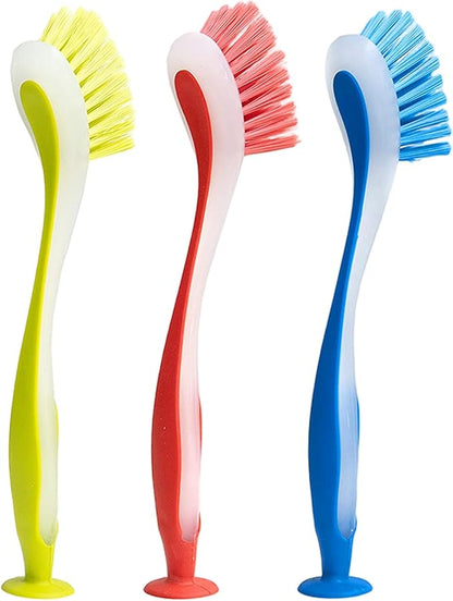3PCS Dish Brush with Handle, 9.1x1.4 Inch Soft Dish Scrubber, Dishwashing Brush with Suction Cup for Kitchen, Cleaning Tools