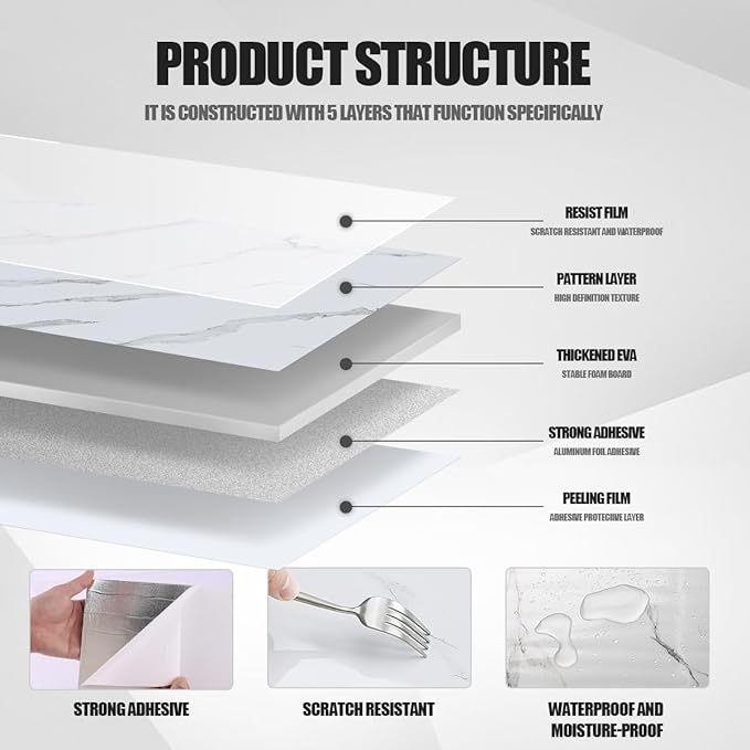 10pcs Thick Marble Peel and Stick Waterproof Wall Panels,Heat-Resistant Backsplash Tile, 23.6"x11.8" PVC Foam Wall Sticker for Kitchen,Living Rooms,TV Walls,White Gray (Not Real Tile 19.4Sq. Ft.)