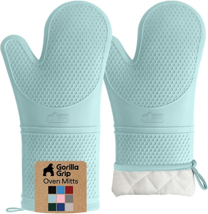 GORILLA GRIP BPA-Free Soft Silicone Oven Mitts, 14.5x8.3, Heat Resistant and Waterproof Cooking Gloves, Thick Cotton Lining, Flexible Gripping for Baking Grilling, Kitchen Potholders Set of 2, Mint