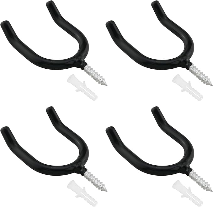 4PCS Screw In U shaped Hook Heavy Duty Wall Mounted Practical Hanging Hook for Garden Tools Shovels Rakes Rack Black
