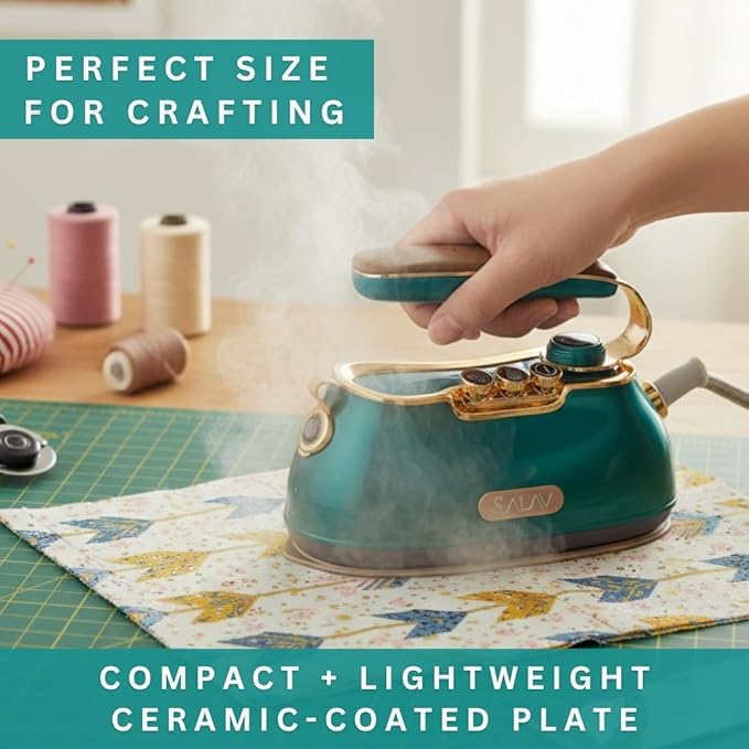 SALAV® Retro Edition Duopress Handheld Garment Steamer & Iron, Ceramic Plate, 1000W, No Drip Steam, Vertical & Horizontal Steam, Emerald - Removes Wrinkles & Refreshes Clothes, Vintage Style