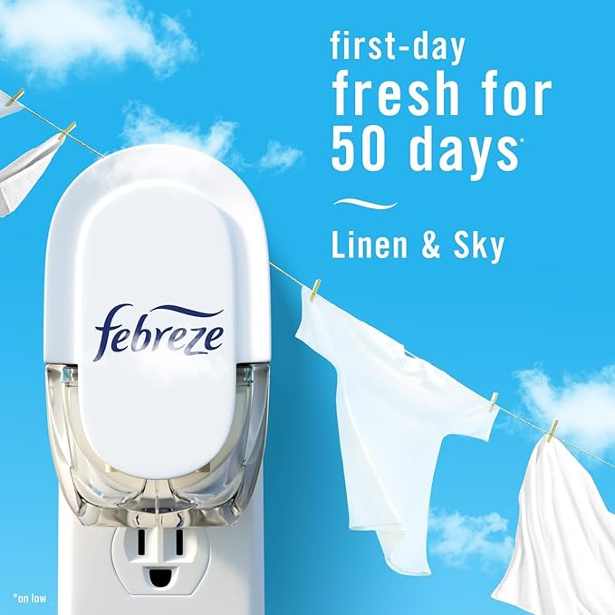 Febreze Plug with Fade Defy Technology Air Freshener - New Limited Edition - (3) of 0.87 fl oz Refills (Linen & Sky)