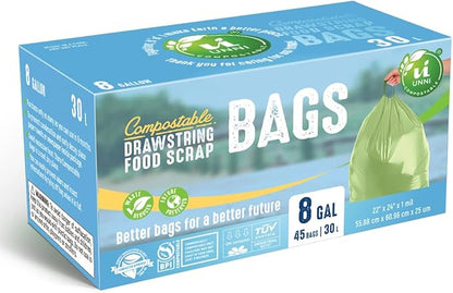 UNNI Compostable Drawstring Bags, 6-8 Gallon, 23-30 Liter, 45 Count, Heavy Duty 1 Mil, Medium Food Scrap Waste Bags, ASTM D6400, US BPI, CMA & Europe OK compost Certified, San Francisco