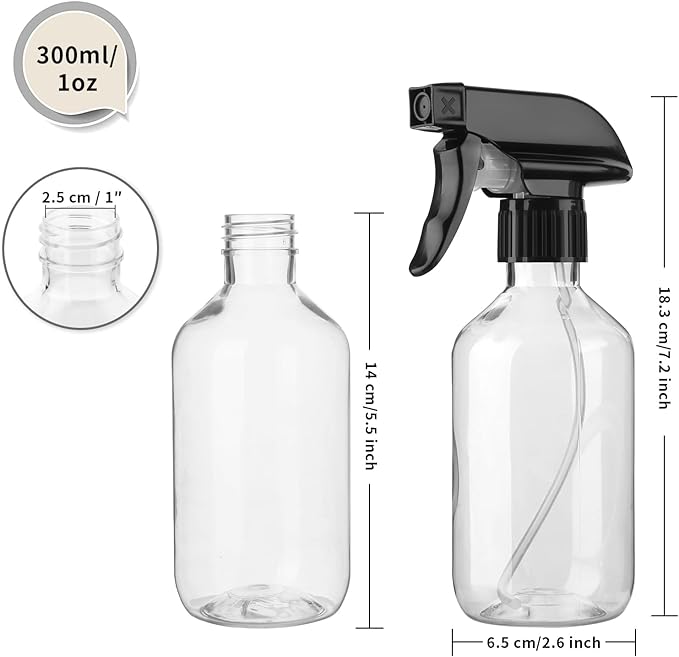 Arkeiliy 2-Pack Leakproof Spray Bottles (300ml/10oz) - Adjustable Nozzle for Fine Mist & Jet Stream | Premium Refillable Plastic Bottles for Hair Styling, Plant Misting, Cleaning Solutions (Clear)