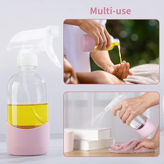 HOMBYS 8 Oz Empty Clear Glass Spray Bottles with Silicone Sleeve Protection Refillable Containers for Cleaning Solutions, Essential Oils, Misting Plants - Quality Sprayer - 3 Pack Boston Bottles