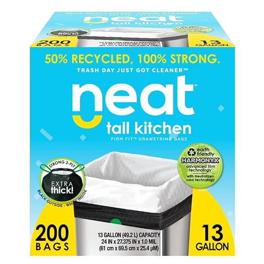 Neat Tall Kitchen 13 Gallon Drawstring Trash Bags - (MEGA 800 Count) - Triple Ply Fortified, Eco-Friendly 50% Recycled Material, Neutralize+ Odor Technology, Reversible Black and White Garbage Bags