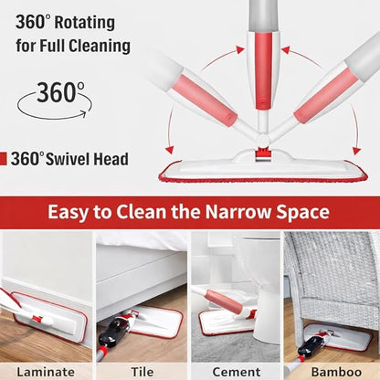 Spray Mop for Floor Cleaning with Refillable Bottle (14 oz), 3 Washable Microfiber Pads & Scraper – Lightweight 360° Rotating Mop, No Batteries, Streak-Free Cleaning for Hardwood, Tile & Laminate