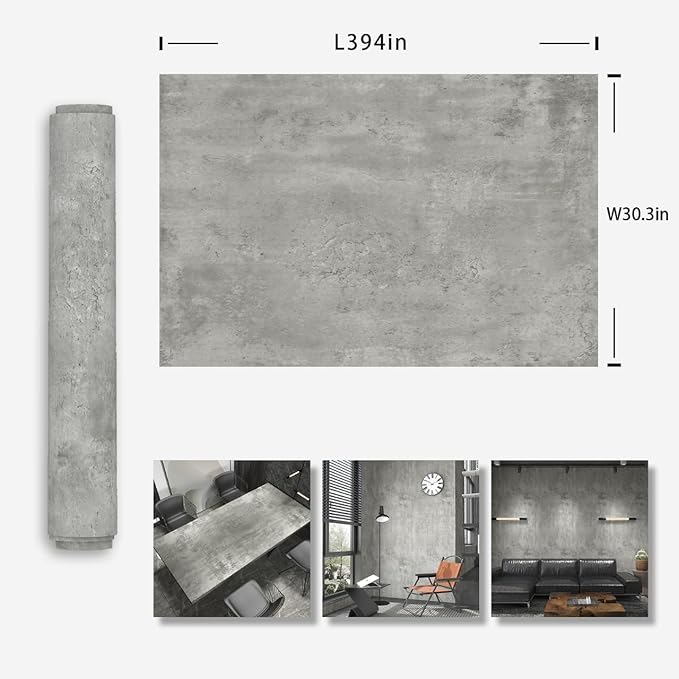 30.3"x394" Light Grey Concrete Wallpaper Peel and Stick Thick Vinyl Faux Gray Concrete Textured Contact Paper Matte Removable Self-Adhesive Industrial Wall Sticker for Bathroom Bedroom Garage