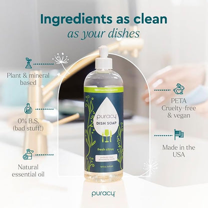 Puracy Natural Dish Soap - Skin-Softening Plant-Based Dishwashing Soap, Non-Toxic Dish Soap, Organic Liquid Dishwashing Detergent Soap (Fresh Citrus, 16 fl oz)