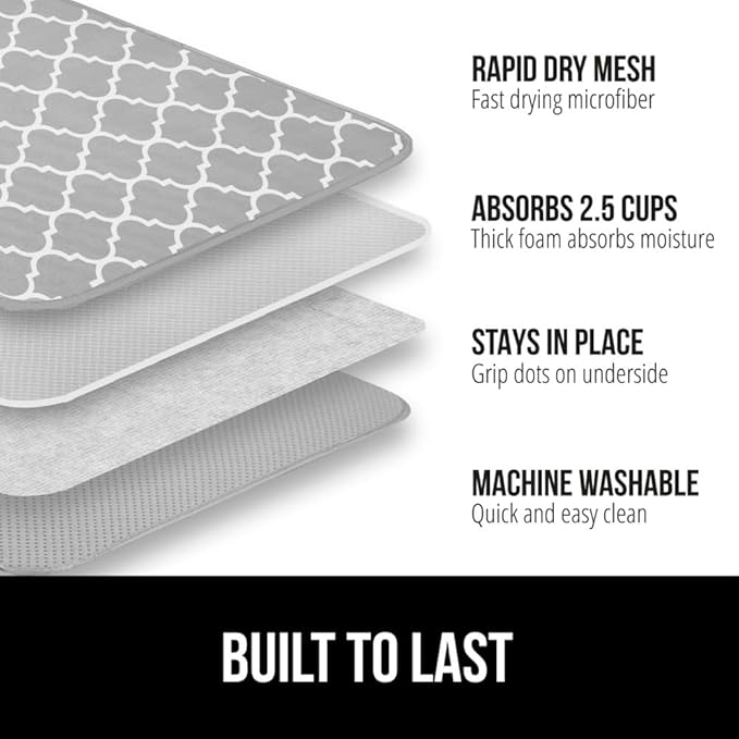 GORILLA GRIP Ultra Water Absorbent Microfiber Dish Drying Mat 2 Pack, Quick Dry Mesh, Slip Resistant Pad for Sink Dishes or Under Rack, Kitchen Counter Accessories, Machine Wash, 18x16, Quatrefoil