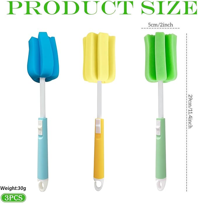 3PCS Dishwashing Foam Sponge Brush with Adjustable Long Handle Bottle Scrubber Cleaning Sponges Brushes Cleaner Soft for Baby Bottle Kitchen Clean Glasses Mugs Cups (Color Random)