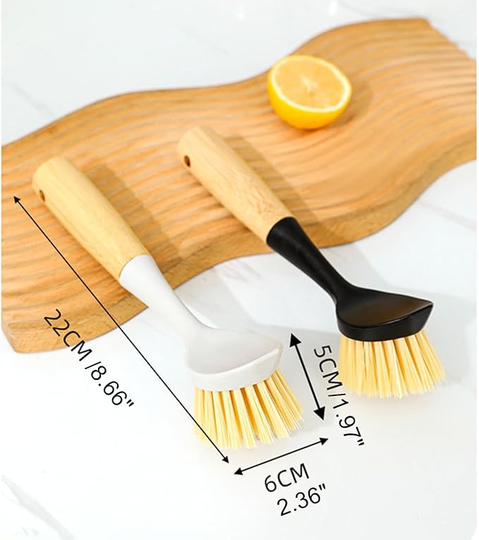 2 Pack Kitchen Dish Brush+1 Pair Reusable Rubber Gloves,Kitchen Cleaning Sets,Bamboo Handle Dish Scrubber Built-in Scraper, Scrub Brushes for Pans Pots Sink Dishwashing,Range Hood (Black)