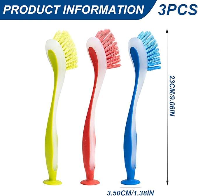 3PCS Dish Brush with Handle, 9.1x1.4 Inch Soft Dish Scrubber, Dishwashing Brush with Suction Cup for Kitchen, Cleaning Tools