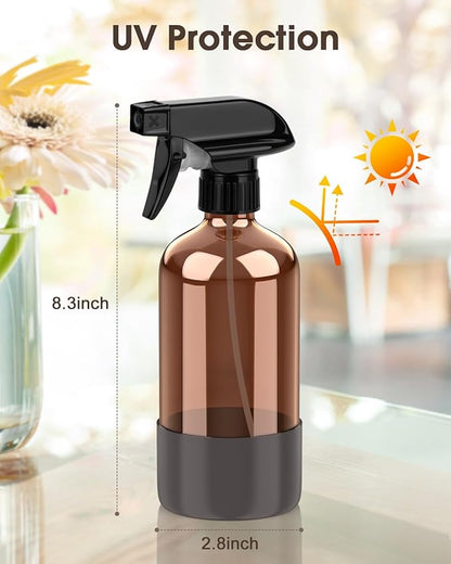 Bontip Glass Spray Bottle with Silicone Sleeve Protection, Amber Glass Spray Bottle Set for Window Cleaner Aromatherapy Facial Hydration Watering Flowers Hair Care 2 Pack/16 oz (Grey, 16 oz)