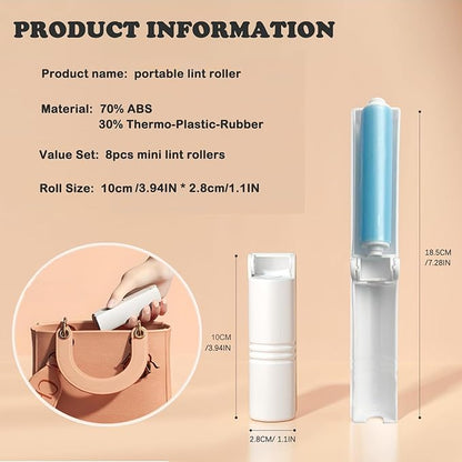 Mini Reusable Lint Roller for Travel, 8 Pack Washable Foldable Lint Remover with Sticky Gel, Portable, Compact and Easy to Clean for Clothes and Luggage Use (Blue)