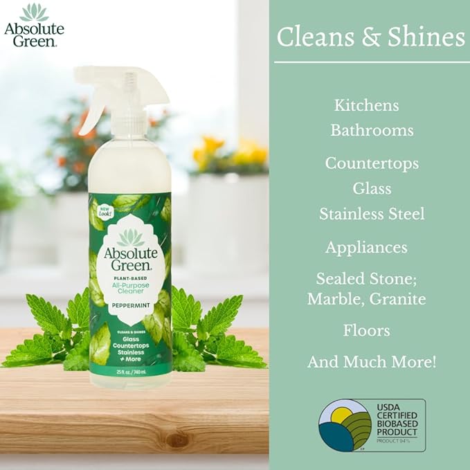 Absolute Green All Purpose Cleaner Spray, Non-Toxic, Kitchen, Bathroom, Countertop, Windows, Safe around Kids and Pets, Natural Peppermint Scent, 25 oz (1 Pack)