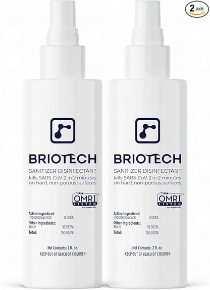 BRIOTECH Sanitizer Disinfectant Hypochlorous Spray, Kill 99.99% of Viruses & Bacteria, Control Mold, Eliminate Odor, Gentle for Nurseries, Food Contact Surface Sanitizer, 2 fl oz Travel Size (2 Pack)