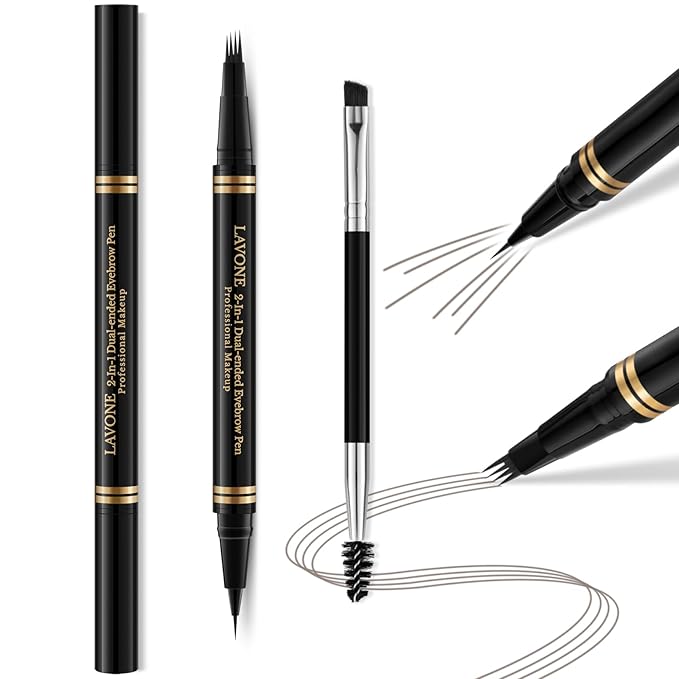 Makeup Kit with 4 Tip Waterproof Microblading Eyebrow Pencil, Eyeliner, Pomade and Dual-ended Brush, Brow Pencil Kit for Natural Looking - Grey