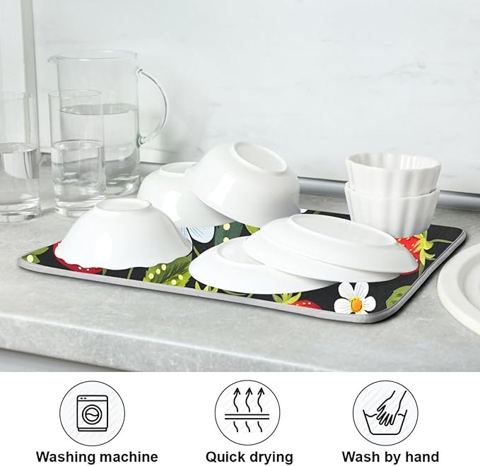 Strawberries White Flowers Dish Drying Mat for Kitchen Counter Absorbent Microfiber Drying Pad, Medium 16x18 in, Reversible Drainer Mats