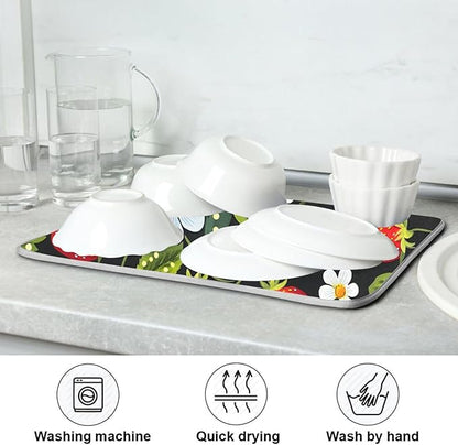 Strawberries White Flowers Dish Drying Mat for Kitchen Counter Absorbent Microfiber Drying Pad, Medium 16x18 in, Reversible Drainer Mats