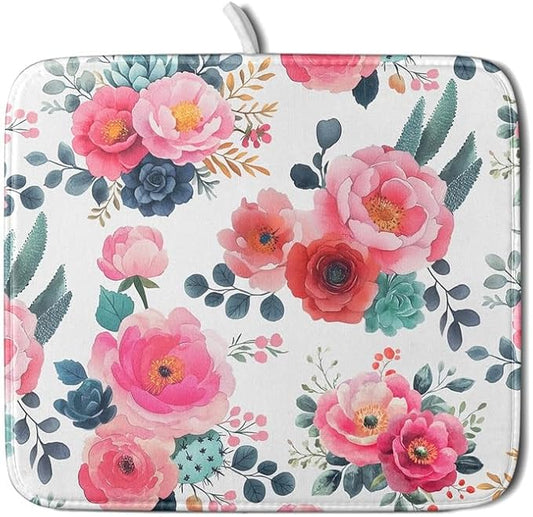 Watercolor Flowers Dish Drying Mats for Kitchen Counter Spring Floral Dish Drying Pad 16”x18” Microfiber Ultra Absorbent Dish Rack Mat Kitchen Decor Summer Dishes Pad Dish Drainer Mats for Countertop