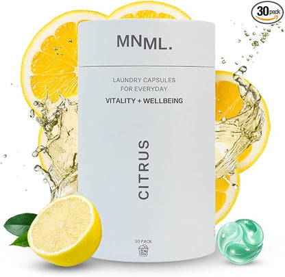 MNML Citrus Laundry Pods designed for Vitality & Wellbeing, Eco-Friendly Natural Laundry Detergent Pods for Sensitive Skin. No Waste, No Plastic, Natural Bio-Enzymes, Luxury Fragrance, 30ct Capsules